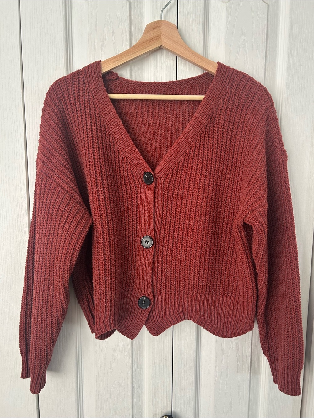 Monki Maroon Red Chunky V-Neck Button Cardigan